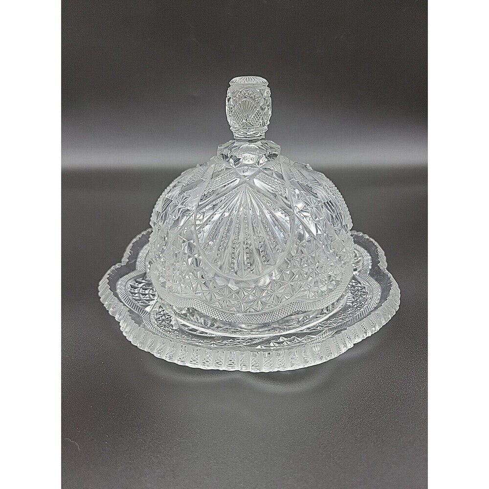 Vintage Crystal Clear Glass Domed Cheese Butter Dish 8.5 in Swag & Fan Pattern